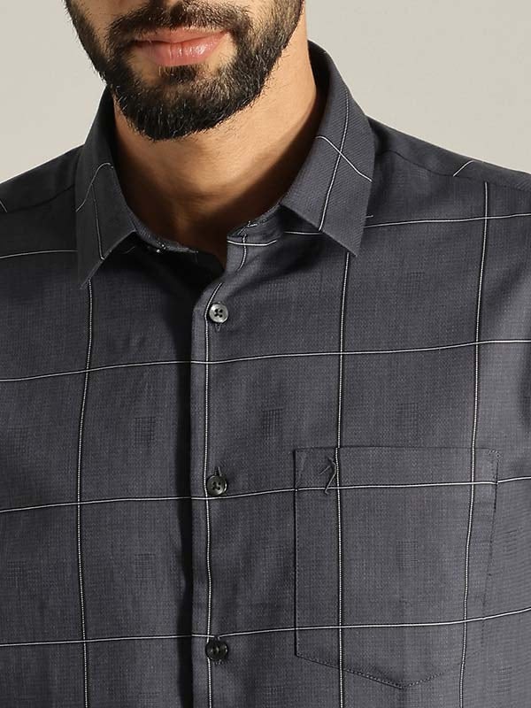Indian Terrain Men's Slim Fit Full Sleeve Checkered Dark Grey Shirt